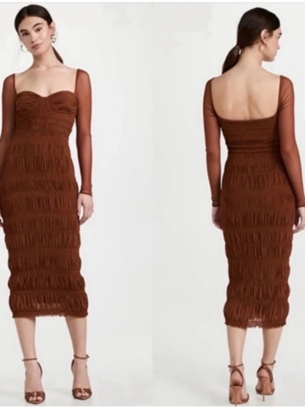 Self-Portrait Sheer-Sleeve Ruched Midi Dress Size 2 - Picture 1 of 5